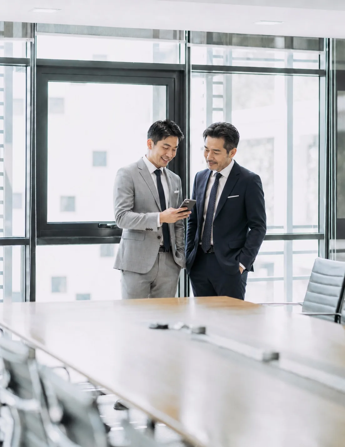 Two business partners reviewing information on a smartphone in a bright conference room