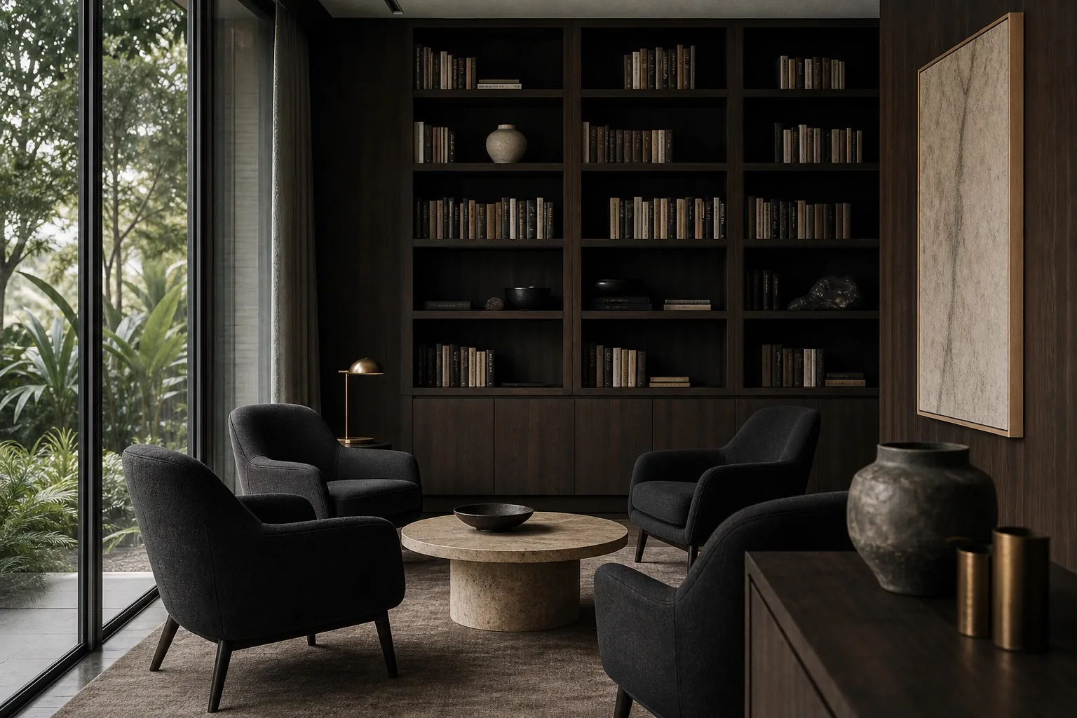 An unoccupied private library meeting lounge with charcoal chairs and dark walnut shelves