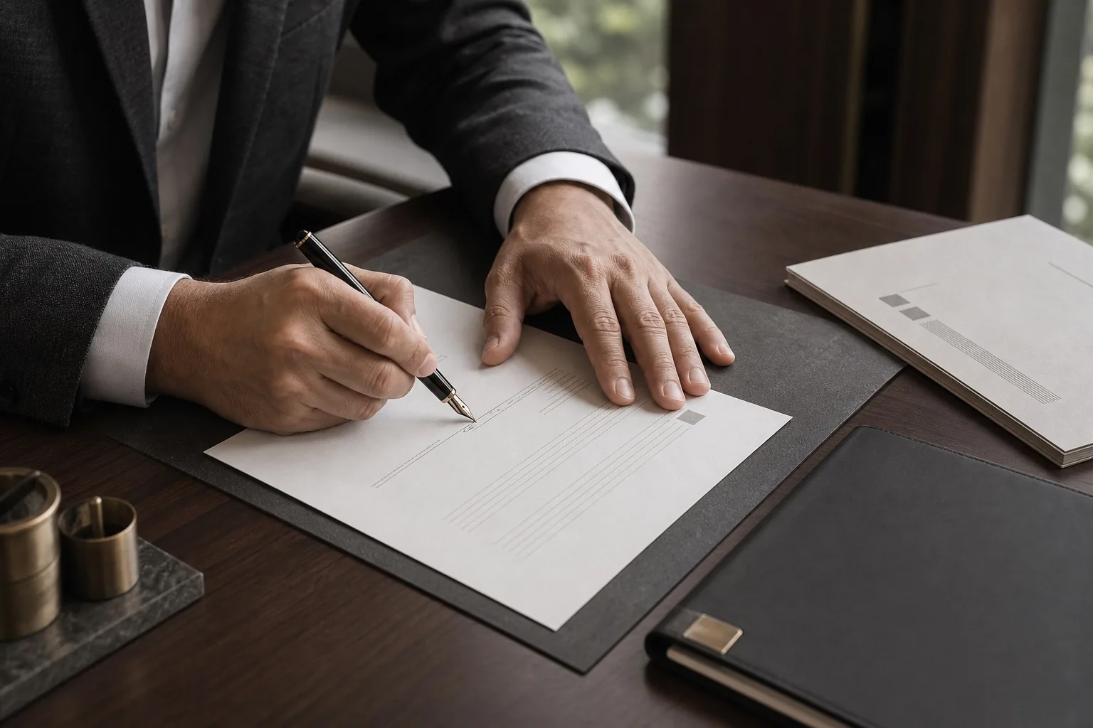 A founding partner signing an engagement document at a walnut desk