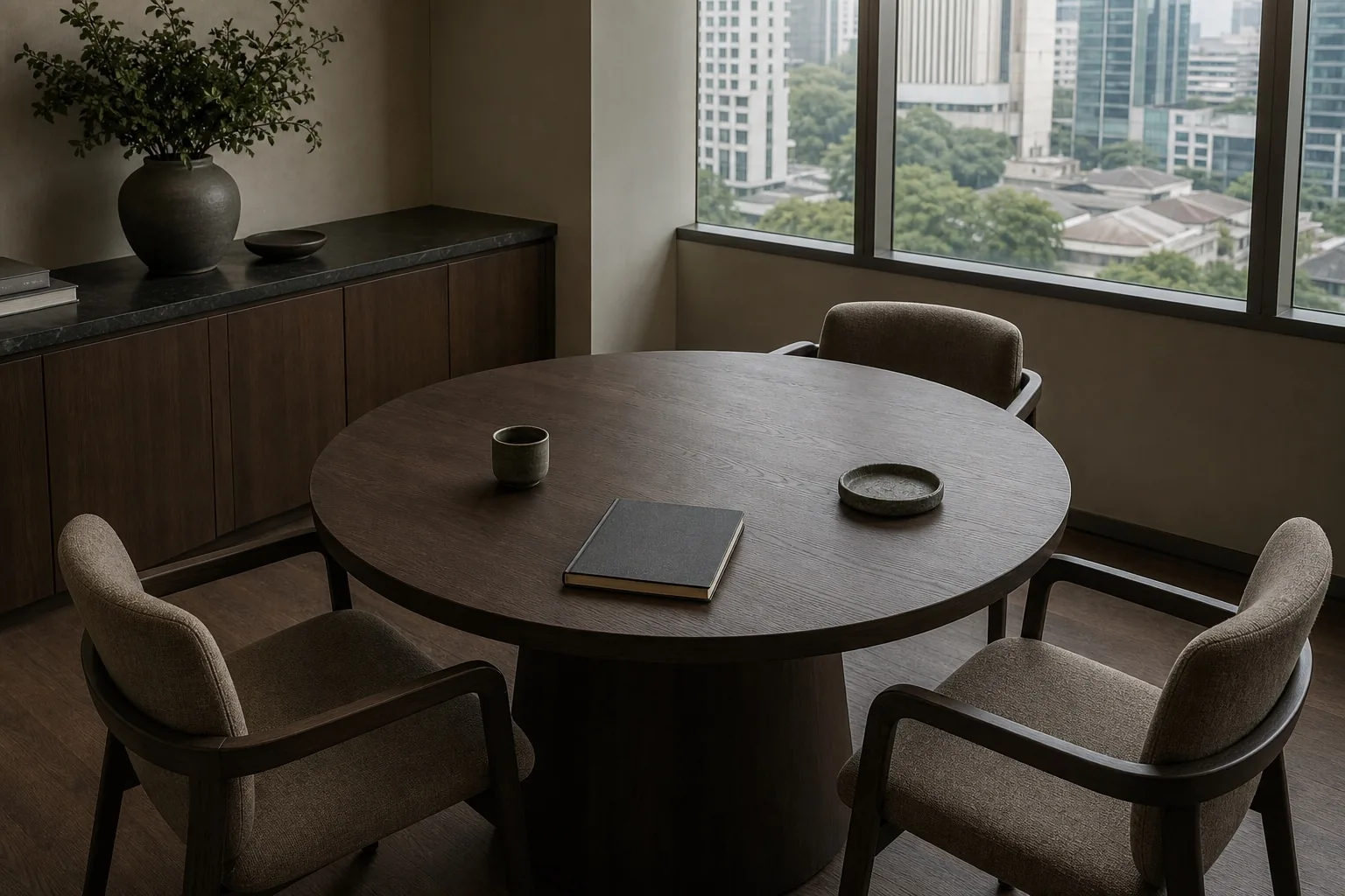 An unoccupied round consultation table with a notebook, ceramic cup, and three chairs