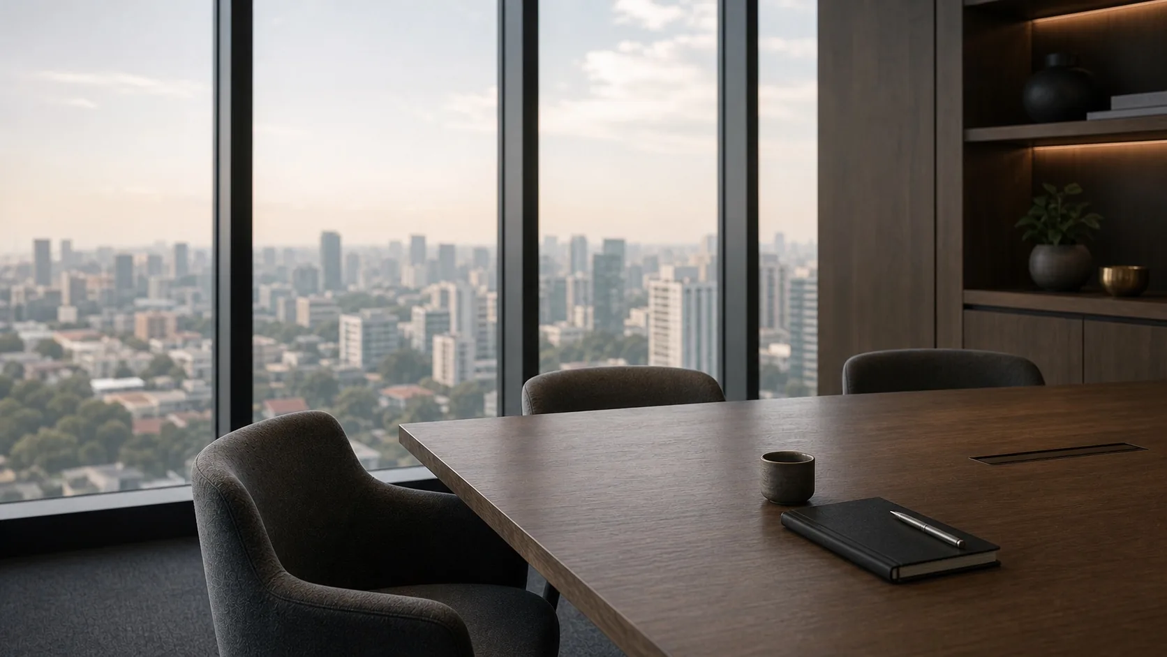 A private meeting room overlooking a softly focused Kuala Lumpur cityscape