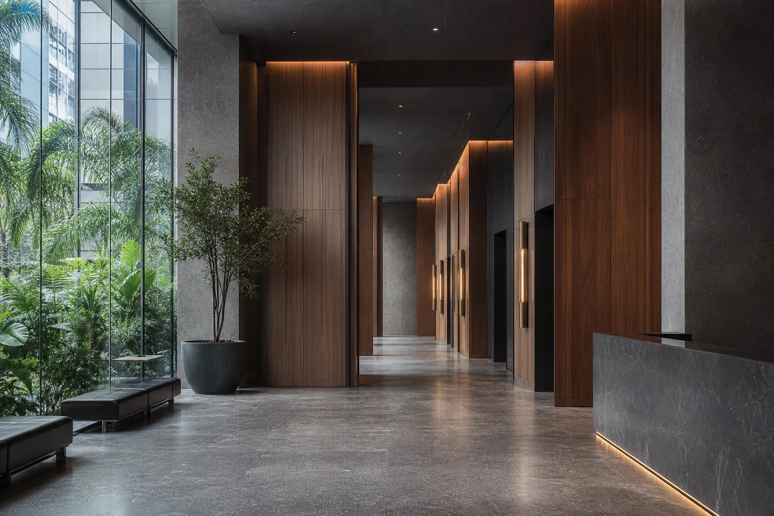 An unoccupied office-building arrival lobby with charcoal stone, walnut panels, and tropical greenery