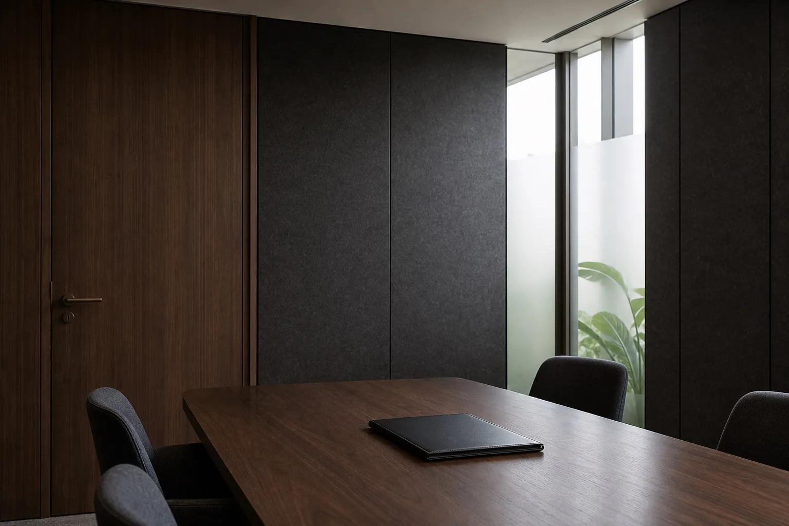 A confidential private meeting room with a closed walnut door and charcoal acoustic panels