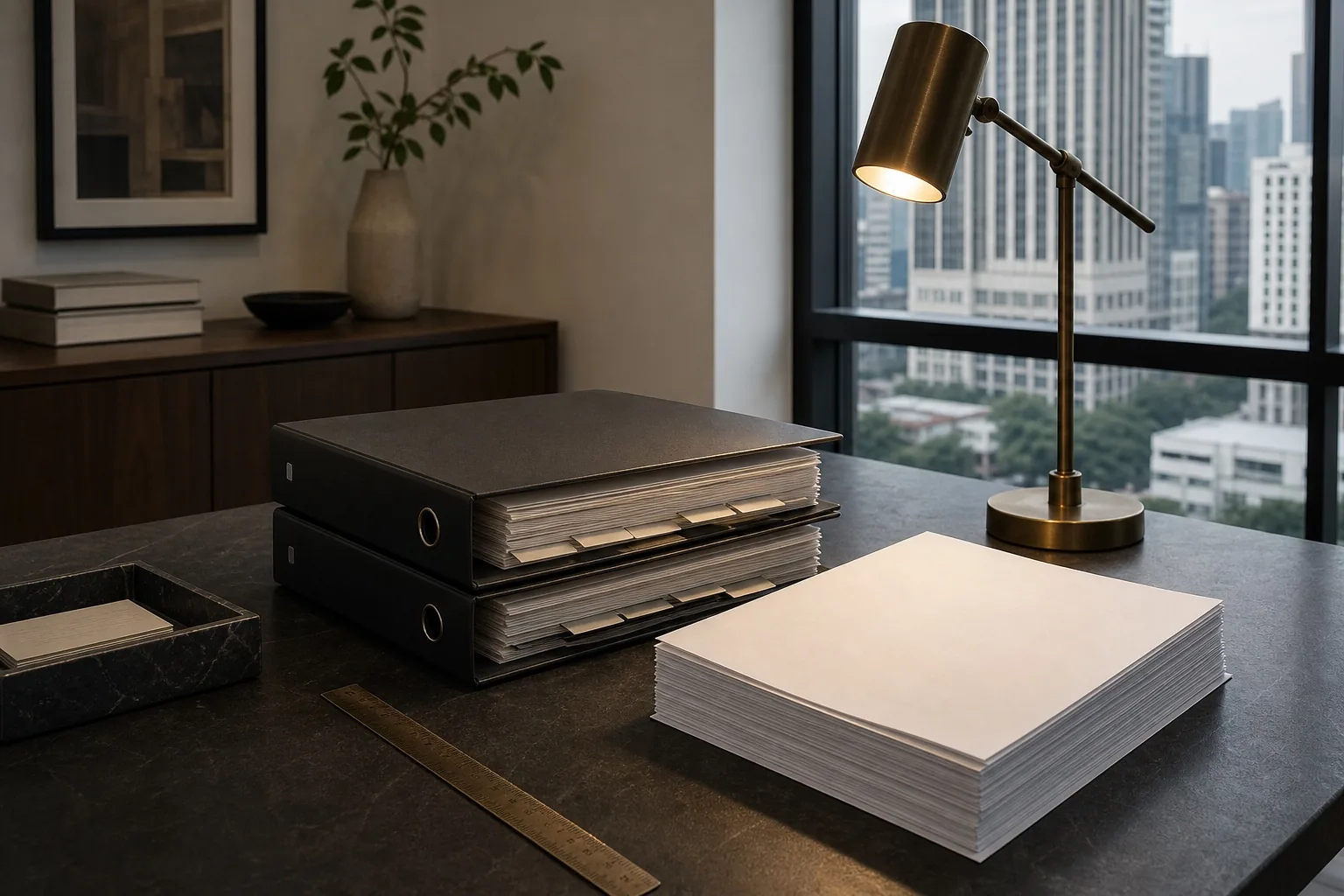 Annual accounts binders and a squared paper stack under a brass desk lamp.