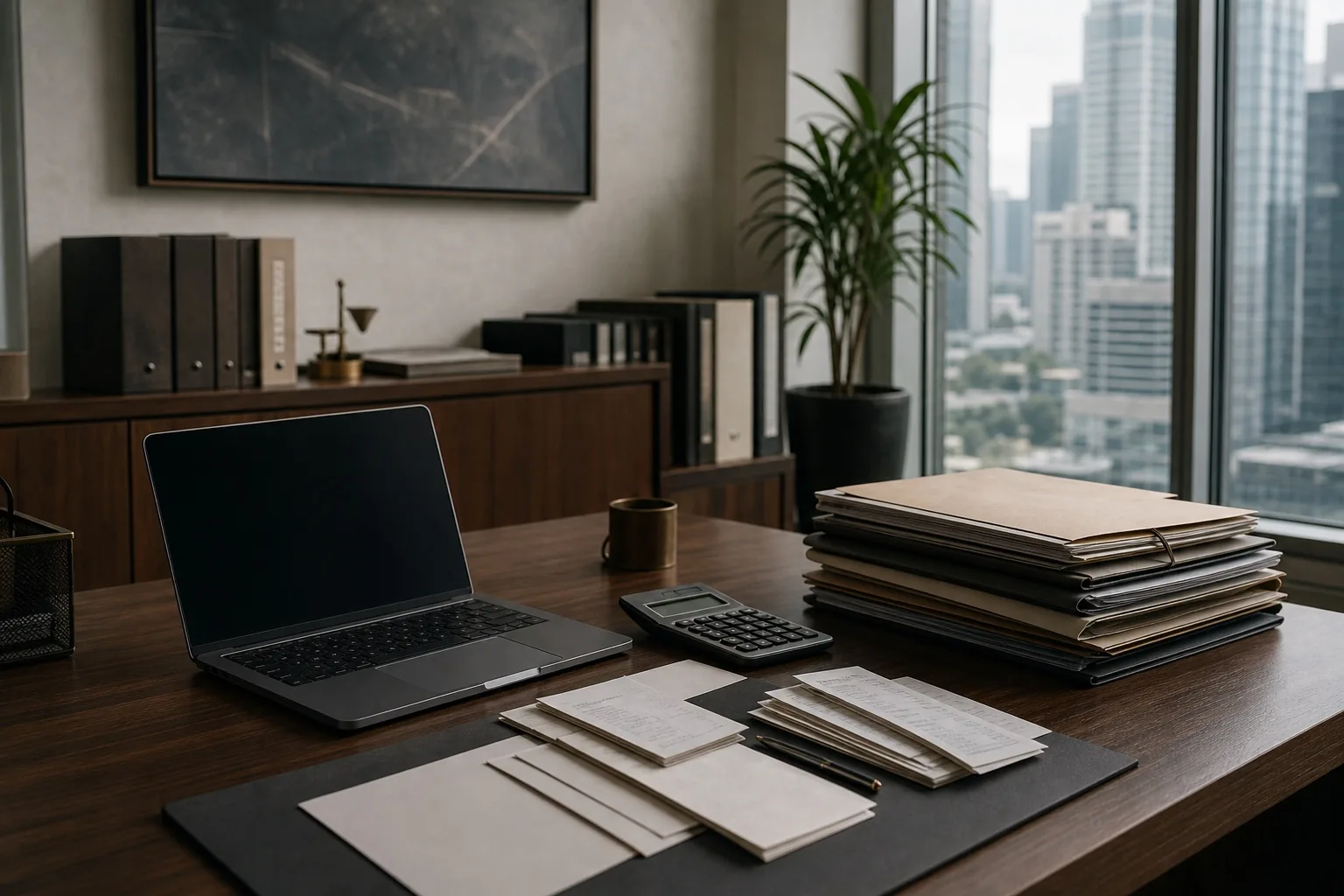 An empty bookkeeping desk with a laptop, calculator, receipts, and document folders.