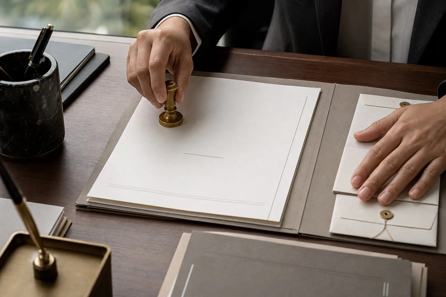 A tax file being date-stamped beside aligned compliance envelopes.