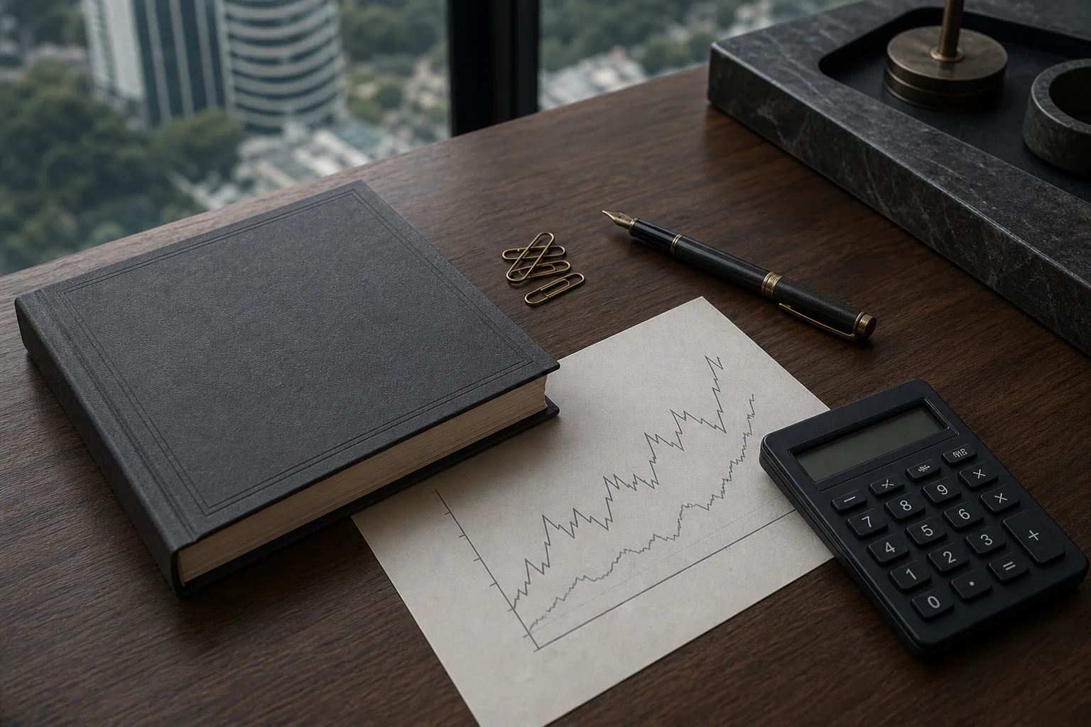 A bound ledger, calculator, fountain pen, and an unlabeled line chart.