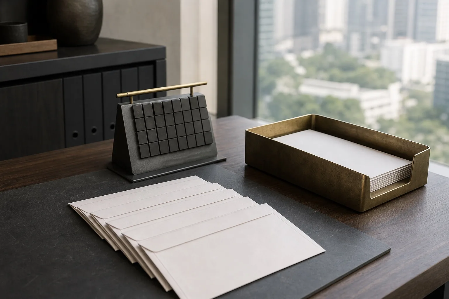 Sealed payslip envelopes arranged beside an abstract desk calendar and brass tray.