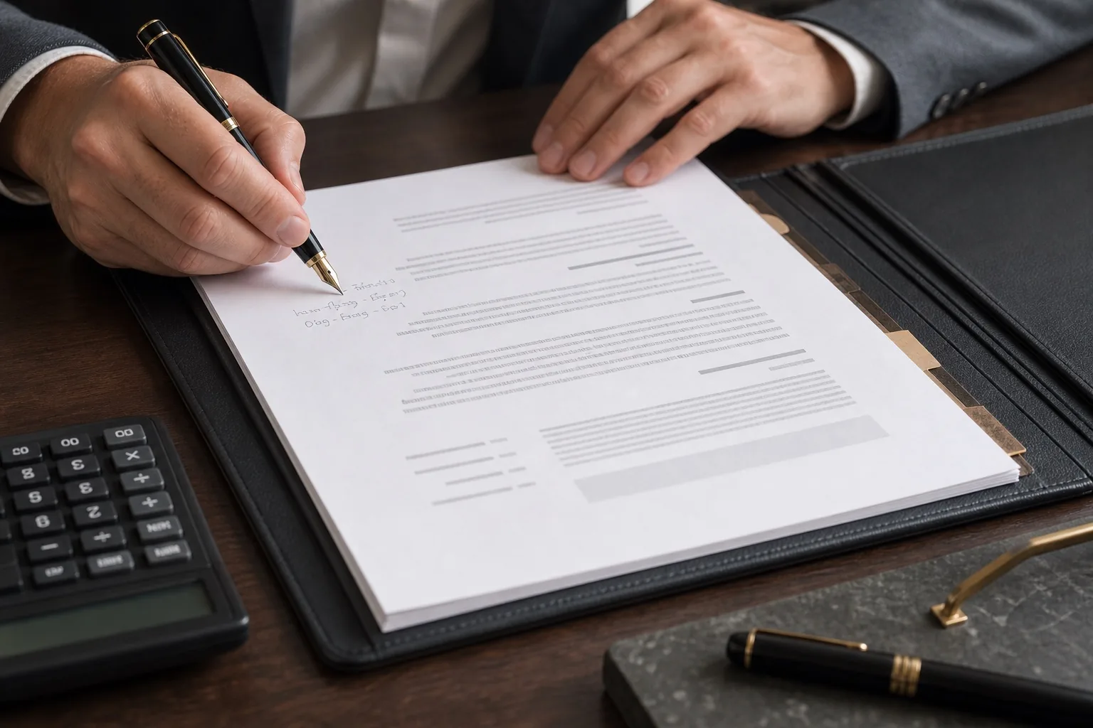 A tax professional writing a concise note on a compliance memo beside a calculator.