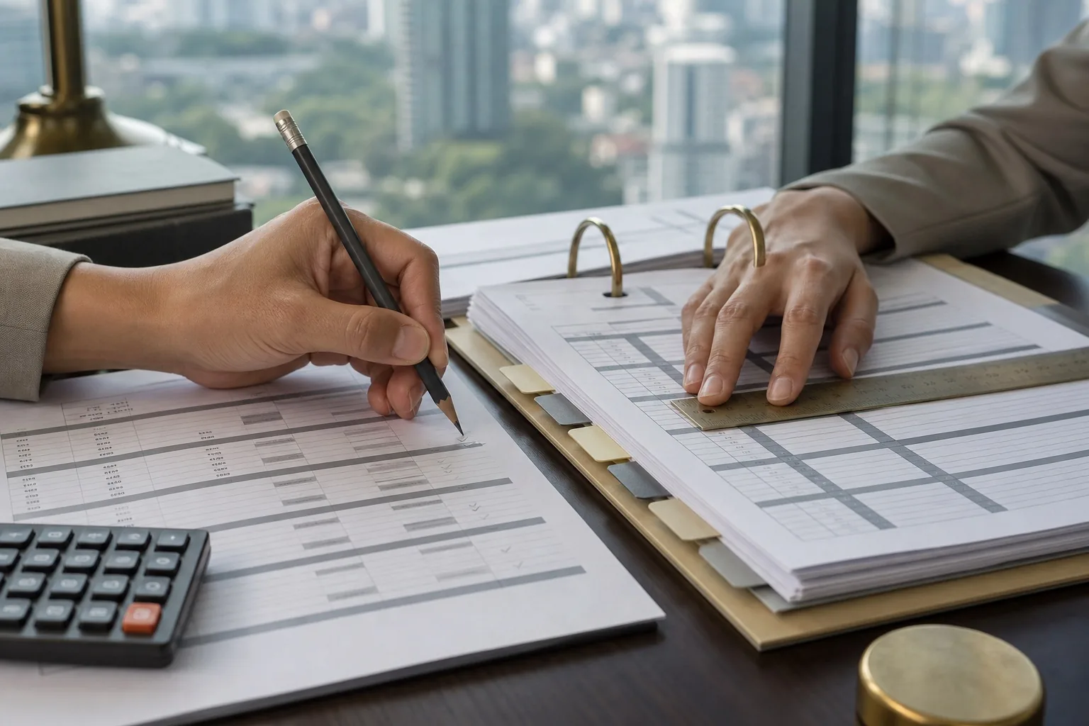 Annual accounts and audit working papers being cross-checked by hand