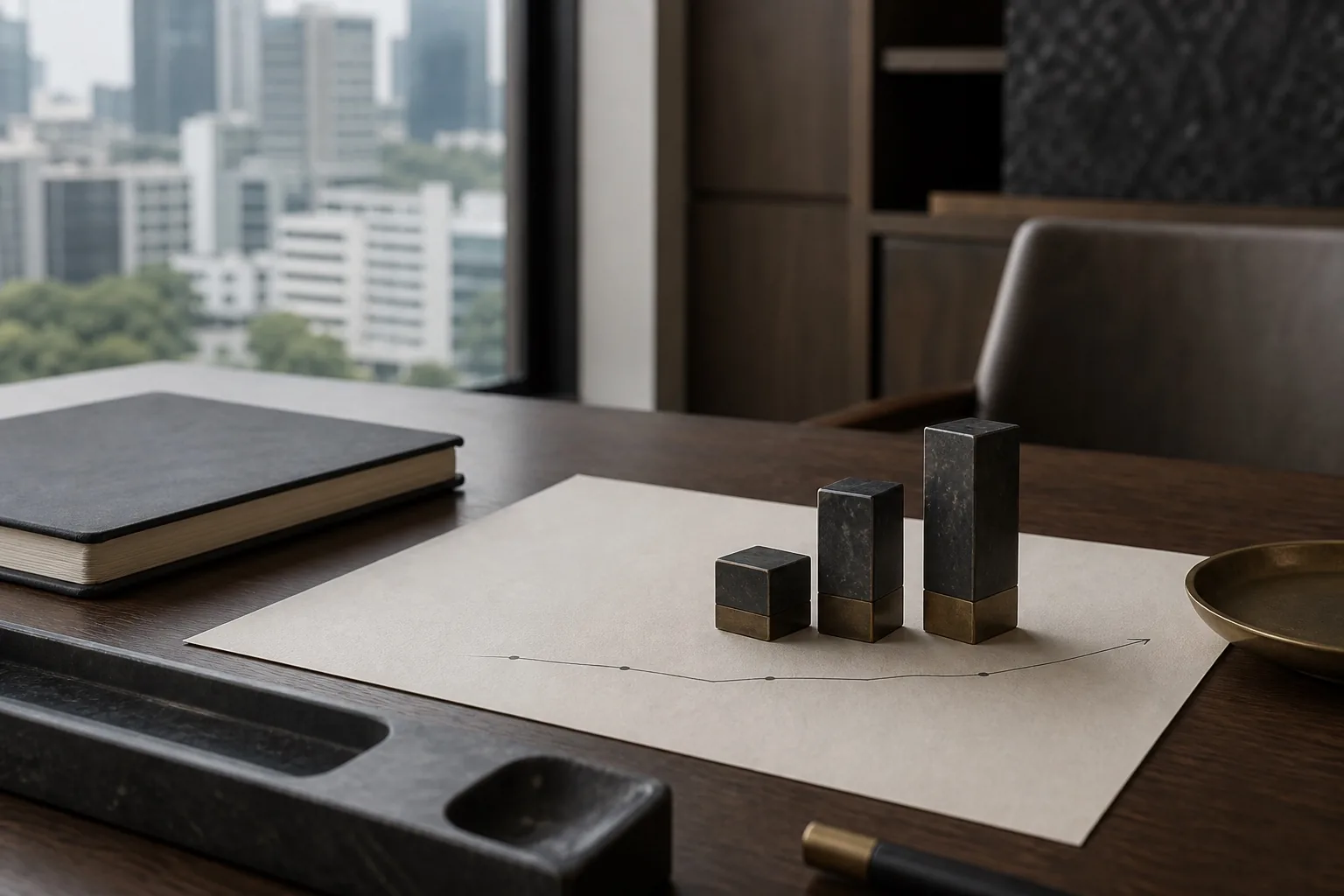 A cash-flow study using three charcoal and brass blocks, an unlabeled rising line, and a closed notebook