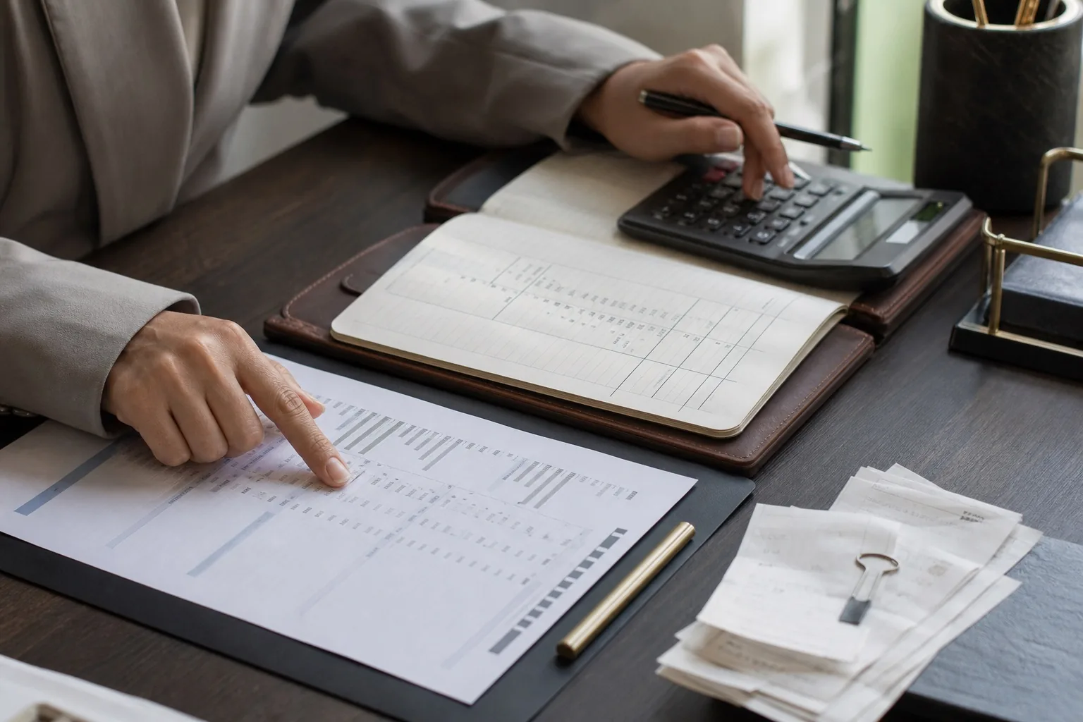 A monthly bank statement being reconciled against a ledger and calculator