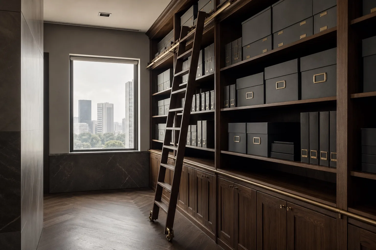 A quiet records room with charcoal archival boxes, walnut shelving, and a rolling ladder