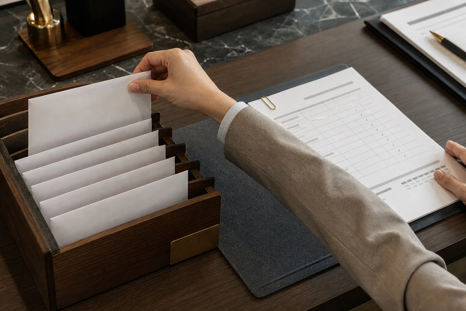 A completed payslip envelope being placed into a monthly payroll organizer