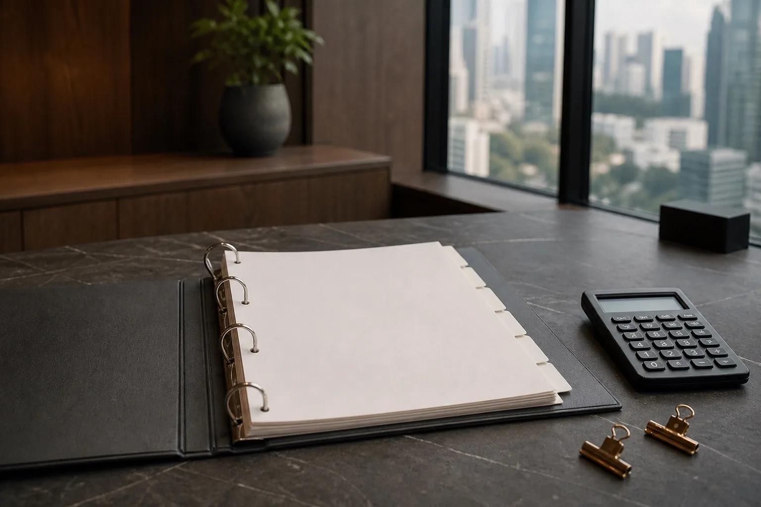 An open tax compliance binder with blank dividers, calculator, and brass clips