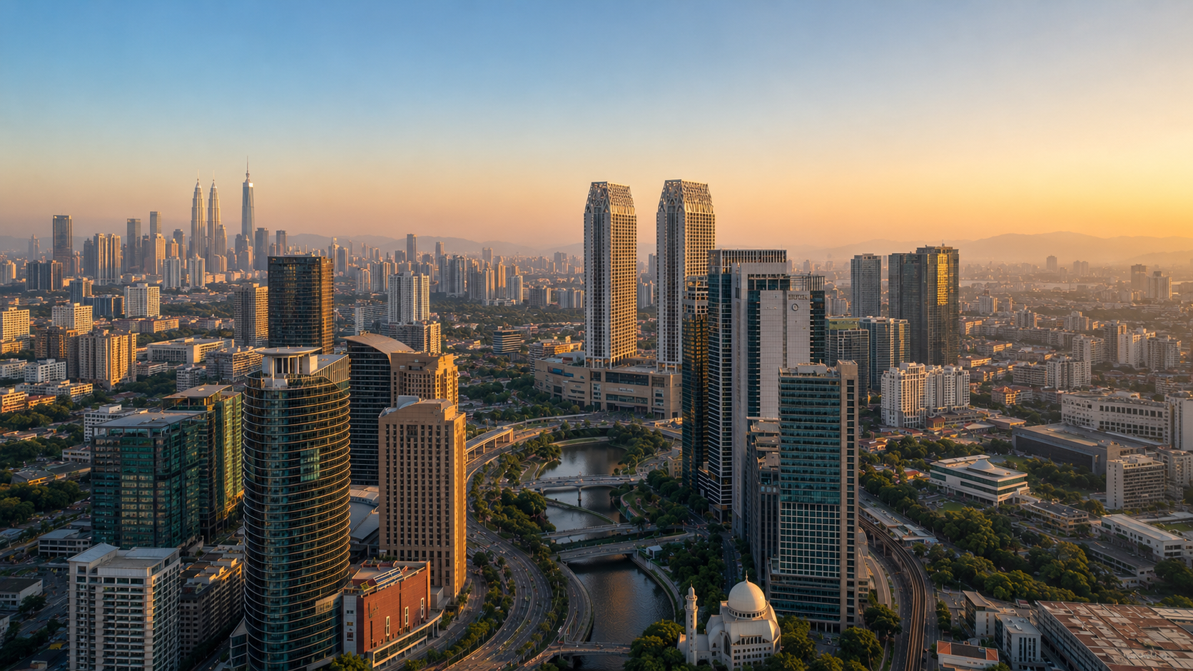 KL Eco City — the Kuala Lumpur skyline at dusk, viewed from the south-west